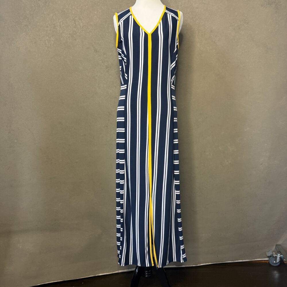 Elie McCarthy Maxi Dress Size M Navy Stripe Yellow V-Neck Sleeveless Stretch
